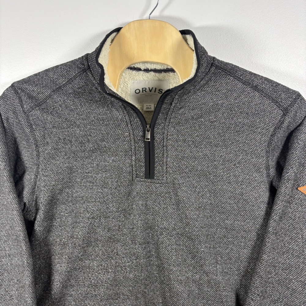 Orvis Mens XL Sherpa Lined Quarter Zip Pullover Textured Knit Grey - Picture 1 of 5